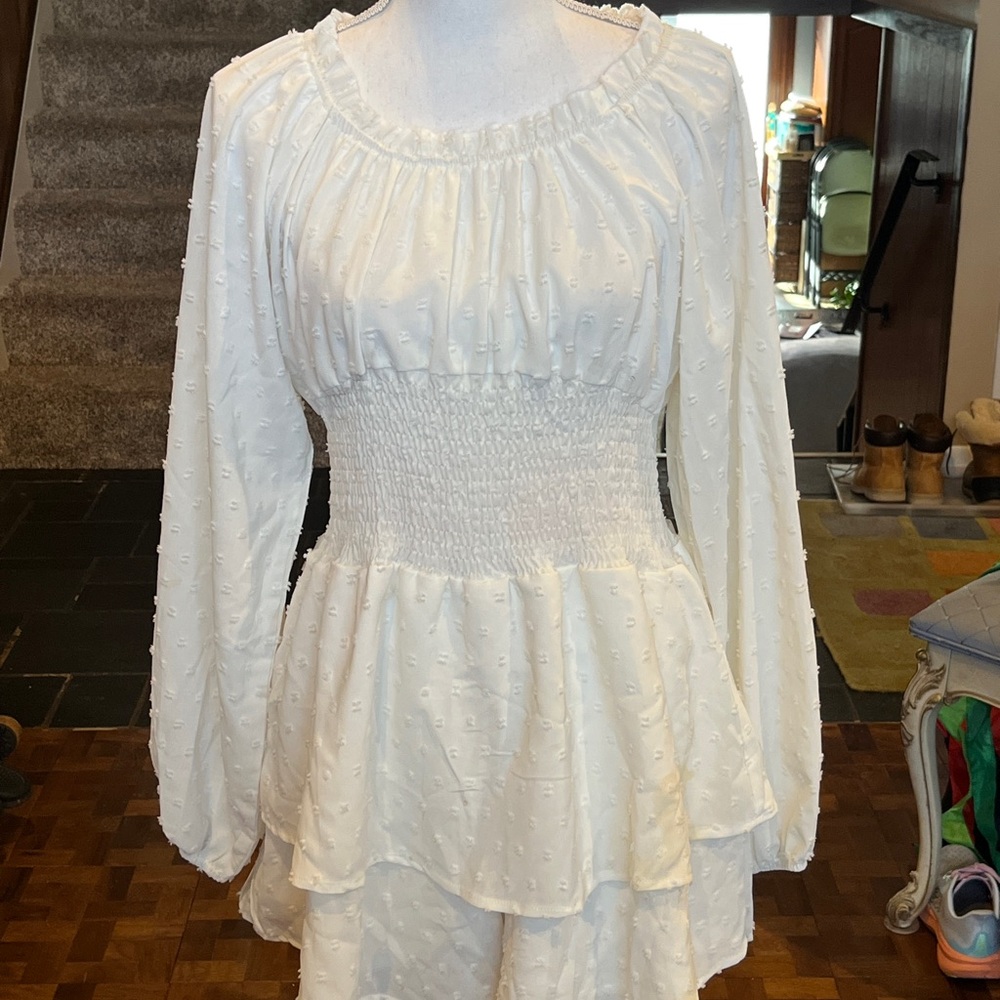 White Long Sleeve Smocked Skort Dress